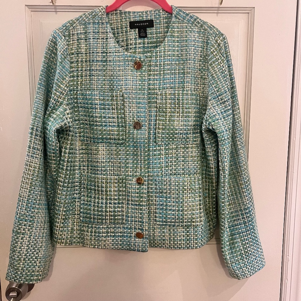 Halogen Women's Tweed Blazer size M Petite Multicolor White Green Blue Jacket